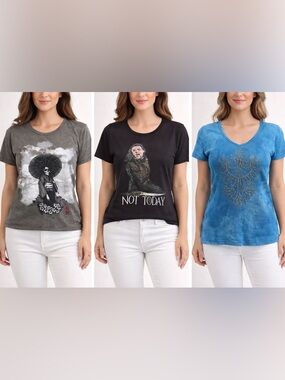 Bundle of 3 shirts, black GOT sz LG, blue Sledge sz MD brown skull RVCA sz Sm